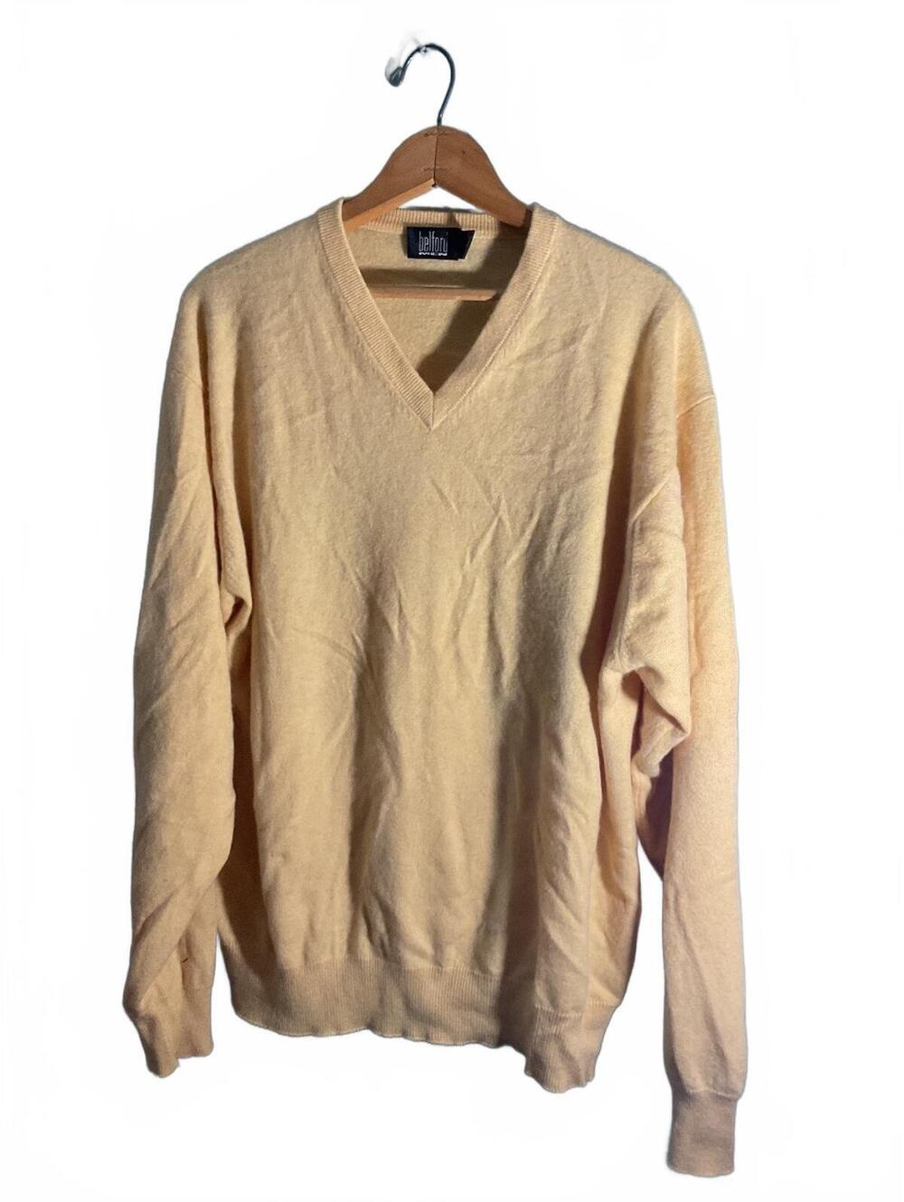 Belford Men's 100% Cashmere V-Neck Sweater in Soft Yellow, Size Large